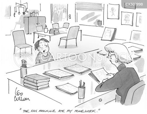 education cartoon with school and the caption "The fax machine ate my homework." by Leo Cullum