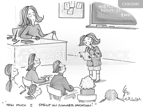 education cartoon with school and the caption "'How much I spent on summer vacation'." by Leo Cullum