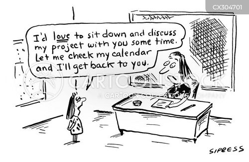 education cartoon with school and the caption "I'd love to sit down and discuss my project with you some time. Let me check my calendar and I'll get back to you." by David Sipress