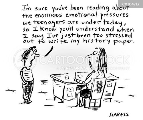 homework cartoon with education and the caption "I'm sure you've been reading about the enormous emotional pressures we teenagers are under today, so I know you'll understand when I say I've just been too stressed out to write my history paper." by David Sipress
