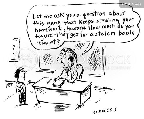 education cartoon with school and the caption "Let me ask you a question about this gang that keeps stealing your homework, Howard. How much do you figure they get for a stolen book report?" by David Sipress