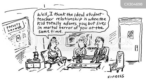 education cartoon with school and the caption "Well, I think the ideal students-teacher relationship is when the kid totally adores you, but lives in mortal terror of you at the same time." by David Sipress