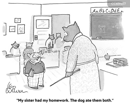 the dog ate my homework cartoon with education and the caption "My sister had my homework. The dog ate them both." by Leo Cullum
