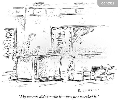 school cartoon with schools and the caption "My parents didn't write it--they just tweaked it." by Barbara Smaller
