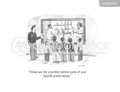 school trip cartoon with scientist and the caption "These are the scientists behind some of your favorite preservatives." by Drew Panckeri