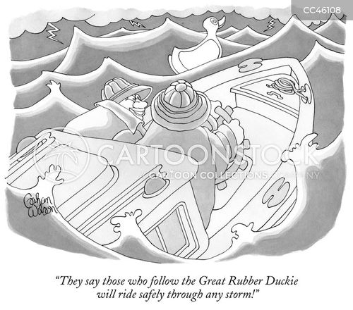 sea monster cartoon with sea monsters and the caption "They say those who follow the Great Rubber Duckie will ride safely through any storm!" by Gahan Wilson