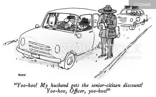 senior cartoon with seniors and the caption "Yoo-hoo! My husband gets the senior-citizen discount! Yoo-hoo, Officer, yoo-hoo!" by George Booth