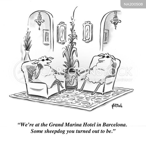 international travel cartoon with sheepdog and the caption "We're at the Grand Marina Hotel in Barcelona. Some sheepdog you turned out to be." by Rina Piccolo