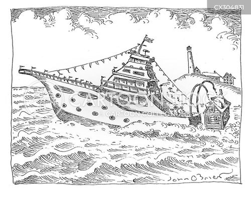 yacht cartoon with ship and the caption A large yacht carries a small wood house. by John O'Brien