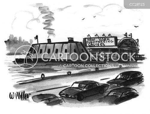 cruiseship cartoon with sightseer and the caption New York Sightseeing Cruises by Warren Miller
