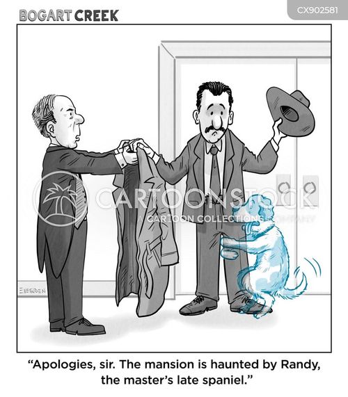 spaniel cartoon with spaniels and the caption "Apologies, sir. The mansion is haunted by Randy, the master's late spaniel." by Derek Evernden