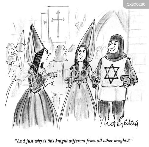 jewish cartoon with star of david and the caption "And just why is this knight different from all other knights?" by Mort Gerberg