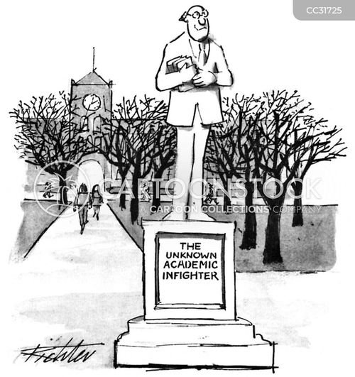 statue cartoon with statues and the caption A statue dedicated to "The Unknown Academic Infighter" stands outside a college campus. by Mischa Richter