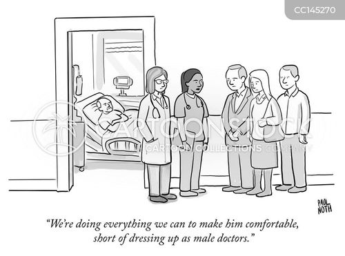 elderly cartoon with stuck in his ways and the caption "We're doing everything we can to make him comfortable, short of dressing up as male doctors." by Paul Noth