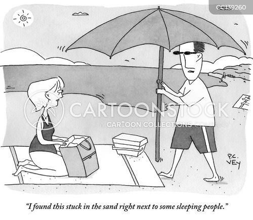 beach vacation cartoon with sunbathing and the caption "I found this stuck in the sand right next to some sleeping people." by P. C. Vey