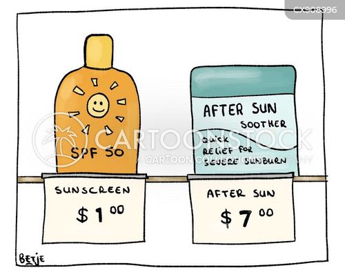 beach cartoon with sunburn and the caption Sunscreen & After-sun soother by Betje