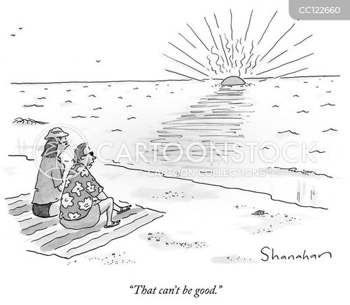 beach vacation cartoon with sunset and the caption "That can't be good." by Danny Shanahan