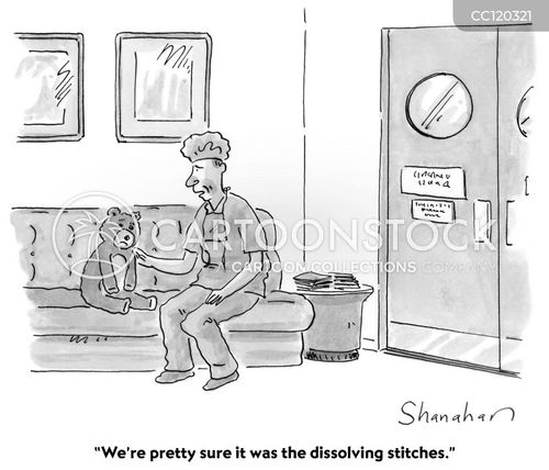 hospital stay cartoon with teddy and the caption "We're pretty sure it was the dissolving stitches." by Danny Shanahan