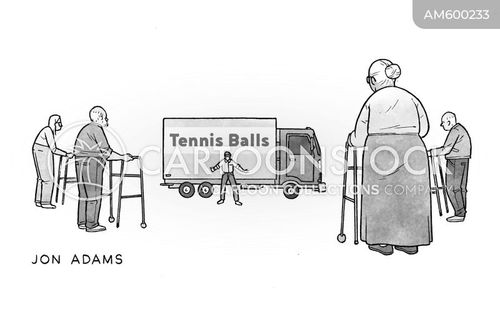 elderly cartoon with tennis ball and the caption Tennis Balls by Jon Adams