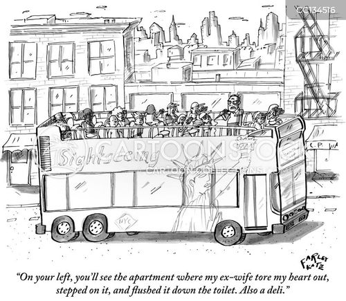 tour guide cartoon with tourism and the caption "On your left, you'll see the apartment where my ex-wife tore my heart out, stepped on it, and flushed it down the toilet. Also a deli." by Farley Katz