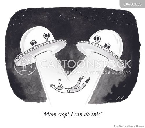 critical thinking cartoon with tractor beam and the caption "Mom Stop! I can to this! by Tom Toro