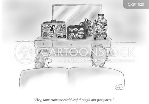 return home cartoon with travel and the caption "Hey, tomorrow we could leaf through our passports!" by Bill Borders
