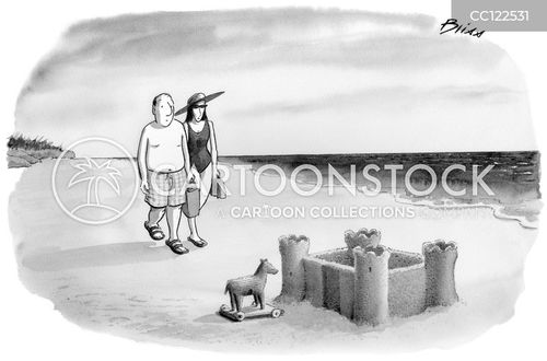 beach vacation cartoon with trojan horse and the caption A miniature Trojan Horse sits out front a sand castle. by Harry Bliss