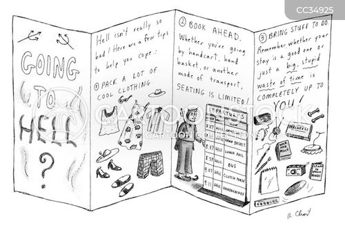 travel guide cartoon with hell and the caption Going to Hell? by Roz Chast