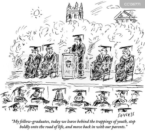 university cartoon with universities and the caption "My fellow graduates, today we leave behind the trappings of youth, step boldly onto the road of life, and move back in with our parents." by David Sipress