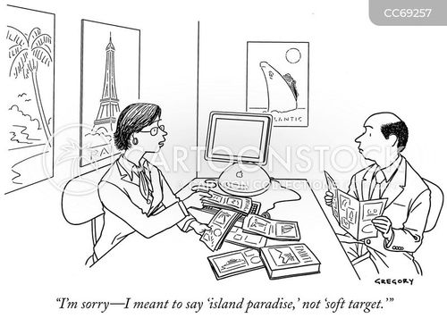 vacation cartoon with vacations and the caption "I'm sorry--I meant to say 'island paradise,' not 'soft target'" by Alex Gregory