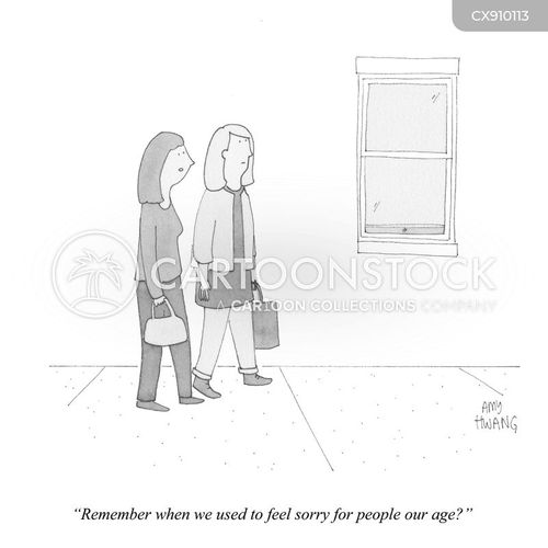elderly cartoon with walk and the caption "Remember when we used to feel sorry for people our age?" by Amy Hwang