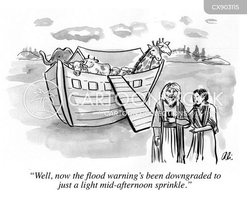 weather forecast cartoon with weather warning and the caption "Well, now the flood warning's been downgraded to just a light mid-afternoon sprinkle." by Ali Solomon