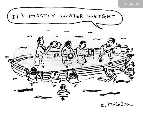 boat cartoon with water weight and the caption "It's mostly water weight." by Steve McGinn