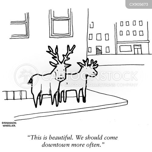 tourist cartoon with deer and the caption "This is beautiful. We should come downtown more often." by Shannon Wheeler