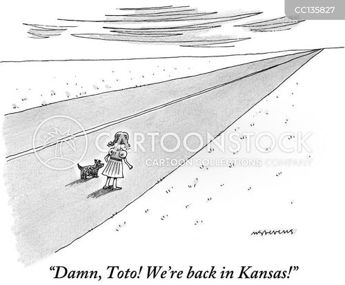 return home cartoon with kansas and the caption "Damn, Toto! We're back in Kansas!" by Mick Stevens