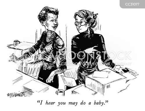 woman cartoon with women and the caption "I hear you may do a baby." by William Hamilton